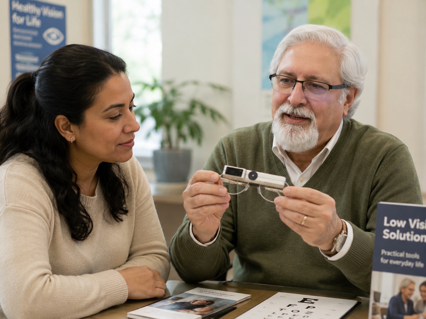 Dr. Siddiqui demonstrating a low vision device to a patient