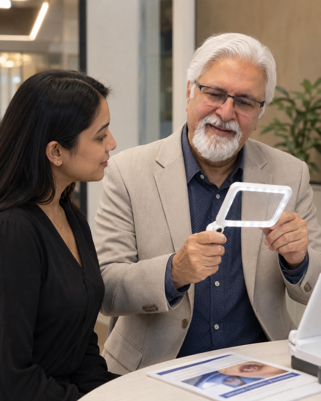 Dr. Siddiqui demonstrating an illuminated magnifier